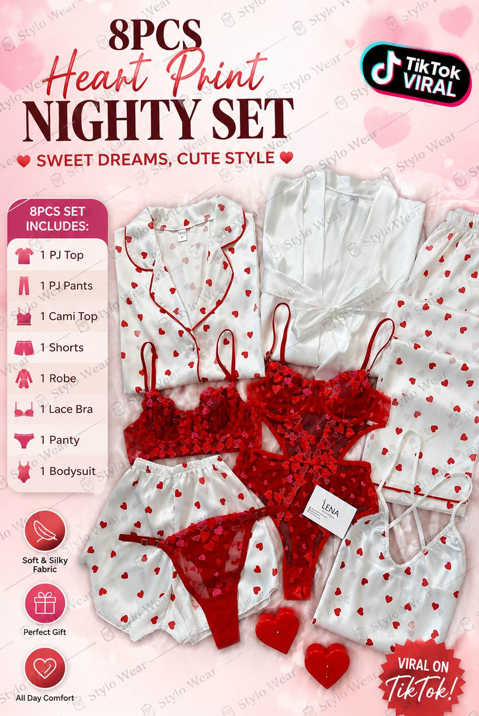 8Pc Heart Printed Satin Nightwear for Women | Premium Nightwear's