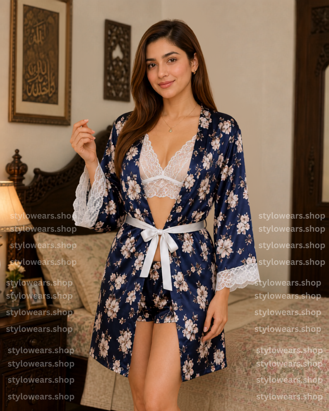 Stylo Wears | Luxury Satin Premium Floral Nightwear Set with Lace Bralette & Robe | 3 Piece Sleepwear