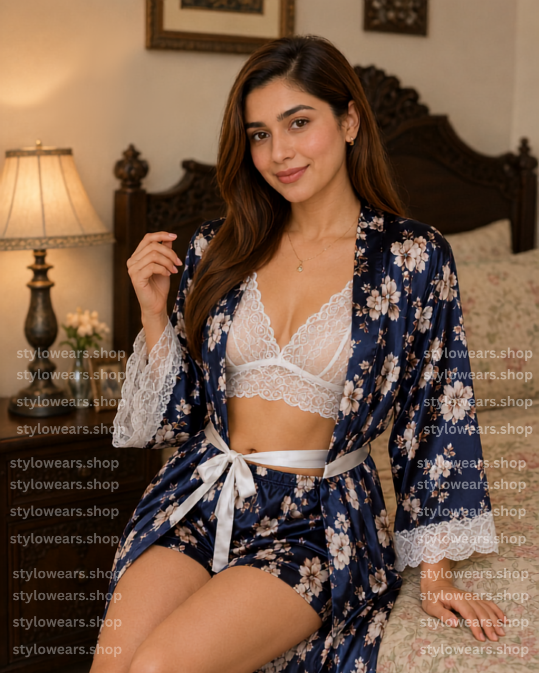 Stylo Wears | Luxury Satin Premium Floral Nightwear Set with Lace Bralette & Robe | 3 Piece Sleepwear