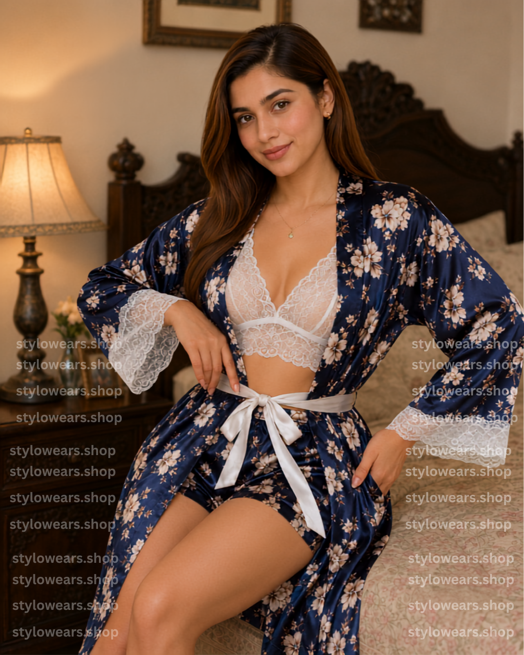 Stylo Wears | Luxury Satin Premium Floral Nightwear Set with Lace Bralette & Robe | 3 Piece Sleepwear
