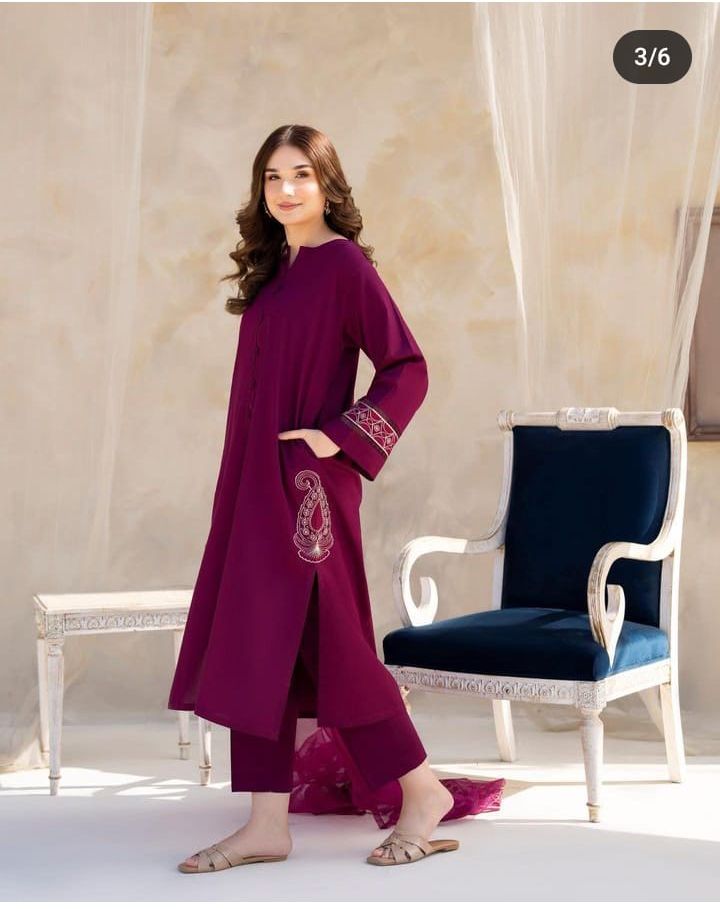 3 pcs lawn pocket style shirt and embroidred slevees dress for women