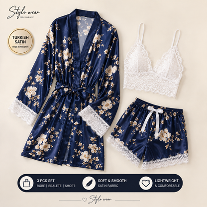 Stylo Wears | Luxury Satin Premium Floral Nightwear Set with Lace Bralette & Robe | 3 Piece Sleepwear