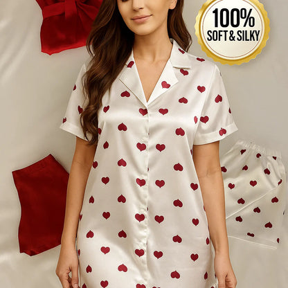 8Pc Heart Printed Satin Nightwear for Women | Premium Nightwear's