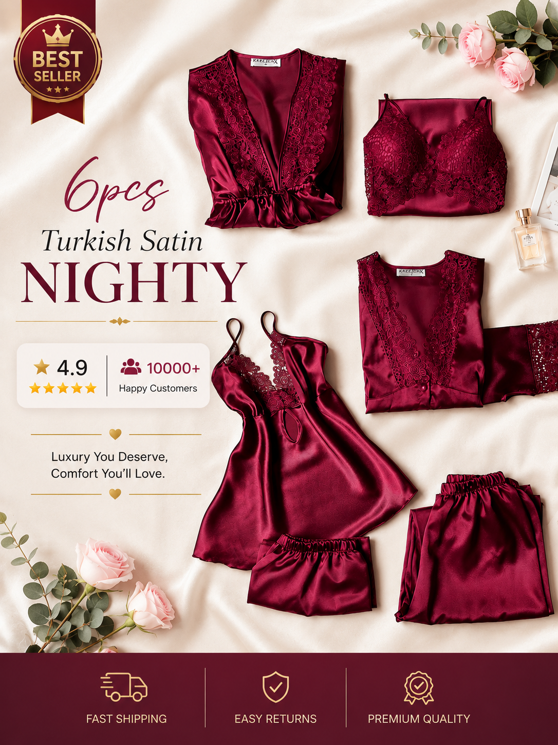 6-Piece Turkish Satin Nightgown Set | Soft, Elegant & Comfortable