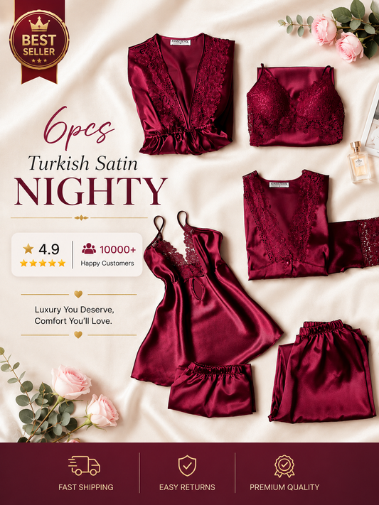 6-Piece Turkish Satin Nightgown Set | Soft, Elegant & Comfortable